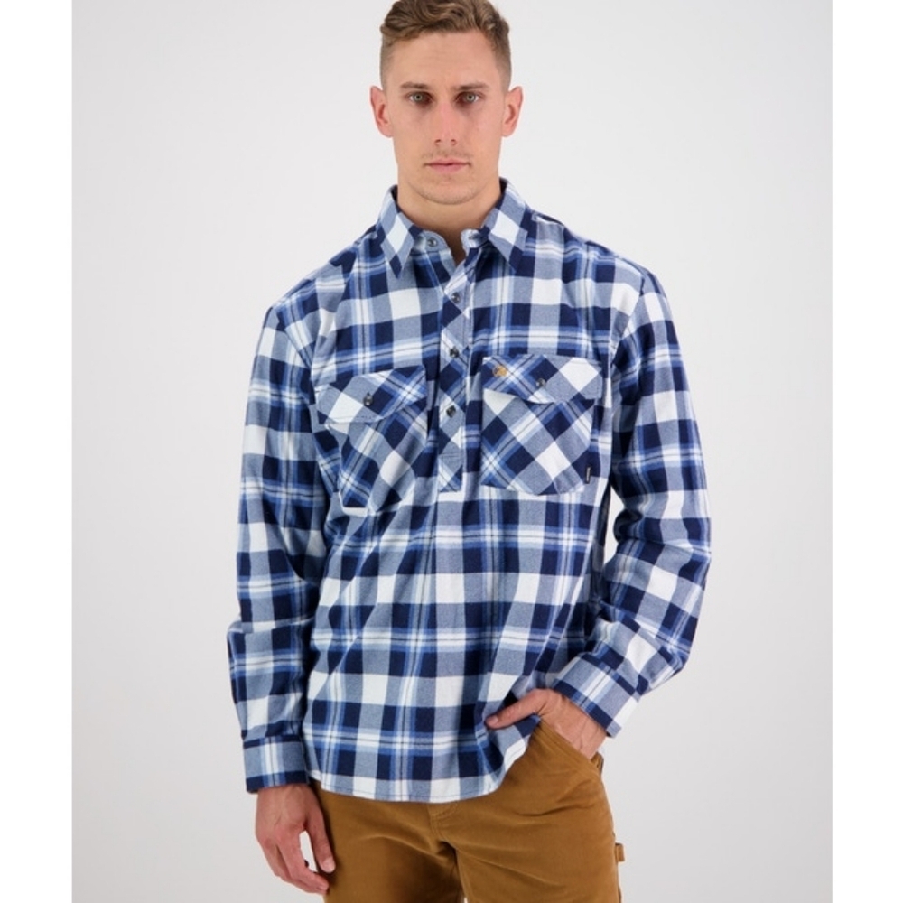 Swanndri Henley Flannel Button Shirt Cotton Blue Plaid Size Medium